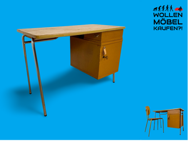 WMK I Kultiger kleiner Space Age Schreibtisch auf formschönem Chrom Gestell mit Ledergriff & 6 Schubladen I Desk Arbeitstisch Computertisch Kinderschreibtisch Sekretär Retro Vintage 60er 70er Hamburg