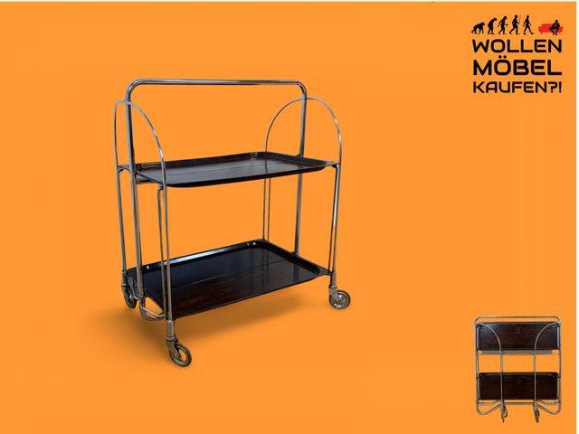WMK # Kultiger & sehr gut erhaltener faltbarer 70er Jahre Servierwagen mit Chromgestell & auf Rollen # Teewagen Barwagen Beistelltisch Couchtisch Klapptisch Vintage Industrial Design Space Age Retro