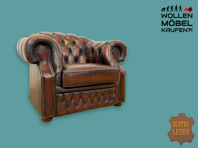 WMK I Hochwertiger, sehr gemütlicher & gut erhaltener Chesterfield Sessel mit gestepptem Echtleder Bezug & toller Patina I Ledersessel Clubsessel Lesesessel Leather Armchair Leder I Berlin NRW Bayern