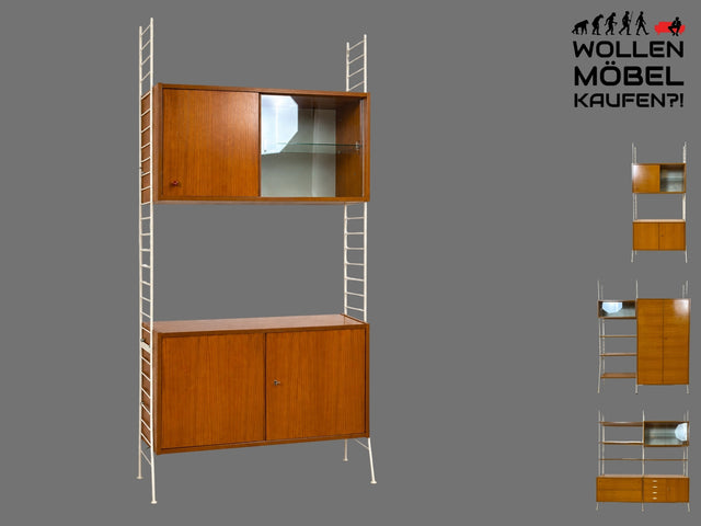 Kultiges modulares DDR Regalsystem Sybille aus 1968 mit weißen Regalleitern & Vitrine