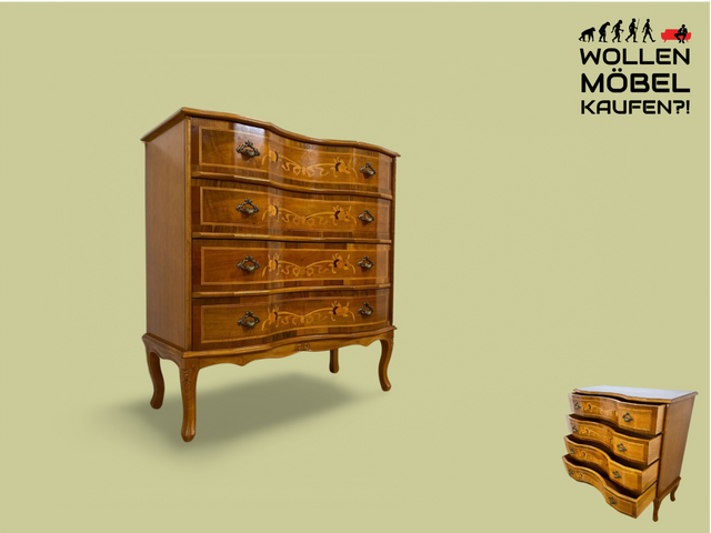 WMK # Elegante und gut erhaltene Vintage Kommode in Nussbaum mit Schubladen, kunstvollen Intarsien und Messingbeschlägen # Schubladenkommode Wäschekommode Sideboard Flurkommode Stilmöbel Barock Rokoko
