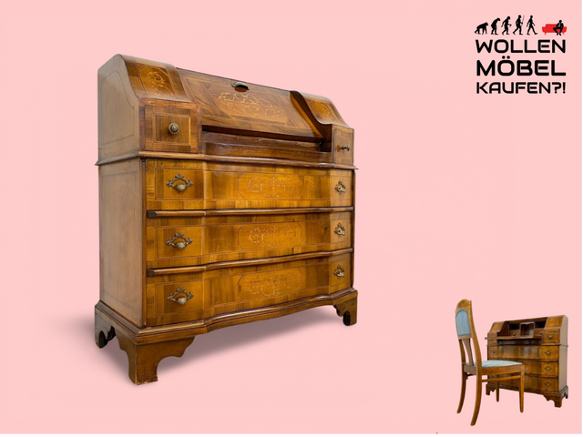 WMK # Sehr schöner und gut erhaltener kleiner Vintage Sekretär im antiken Stil mit Intarsien & Messinggriffen # Schreibschrank Schreibtisch Desk Kommode Schubladenkommode Stilmöbel Berlin Dresden Jena
