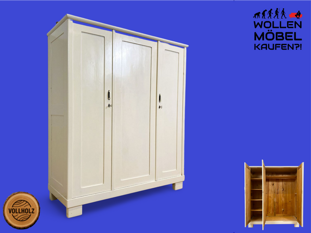 WMK I Schöner weißer 1930er Jahre Art Deco Kleiderschrank aus vollem Holz mit hübschen Originalgriffen I Schrank Schlafzimmerschrank Wäscheschrank Dielenschrank Bauernschrank Jugendstil Antik Vintage