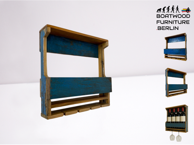 Boatwood by WMK # 1/2 Praktisches Wandweinregal für 4 Flaschen & 4 Gläser, ein aus altem Bootsholz handgefertigtes Unikat in Originalfarben # Weinregal Flaschenregal Wine Rack Gläserschiene Wandregal