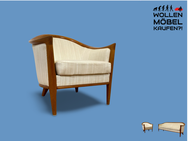 WMK Sehr eleganter und gut erhaltener skandinavisches Mid-Century Sessel mit edlem Holzrahmen aus Teak & weißem Originalbezug # Salonsessel Stuhl Lesesessel Sitzgarnitur Danish Design Vintage Teakholz