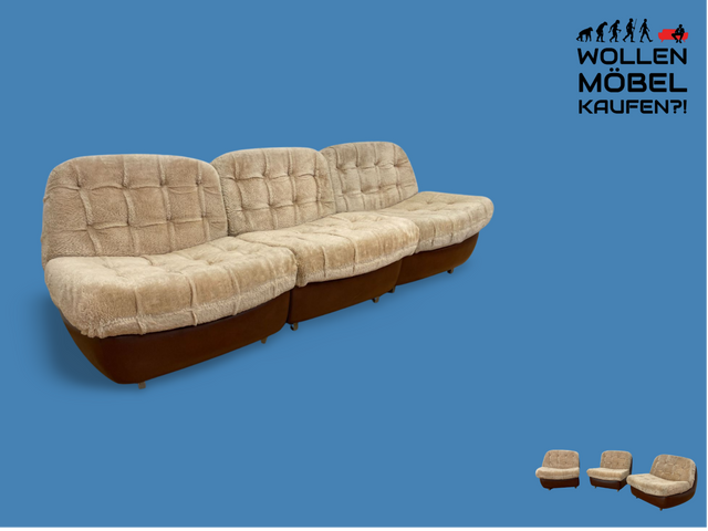 WMK # Kultiges und gemütliches 70er Jahre Space Age Sofa mit kuscheligem Originalbezug und braunem Kunstleder # Couch Modular 3-Sitzer Seating Lounge Sessel Sitzgarnitur Felloptik Retro Design Vintage