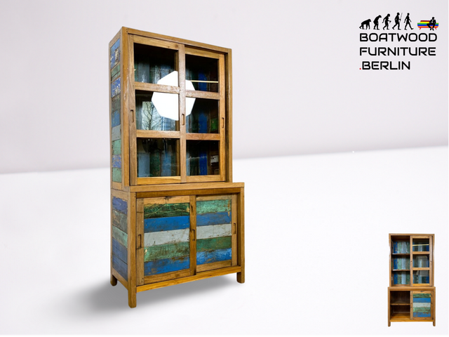 Boatwood by WMK # Sehr schöne Vitrine mit Schiebetüren, ein aus altem Bootsholz handgefertigtes Unikat aus massivem Teakholz # Regal Bücherregal Bücherschrank Highboard Geschirrschrank Küchenschrank