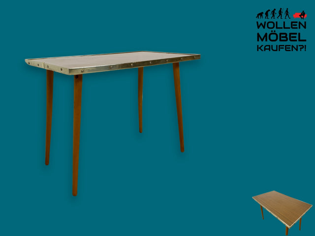 WMK Sehr schicker & gut erhaltener DDR Couchtisch aus 1972 mit pflegeleichter Rasopalplatte, konischen Tischbeinen und Alu-Umrandung # Tisch Wohnzimmertisch Coffee Table Vintage Space Age 70er Retro