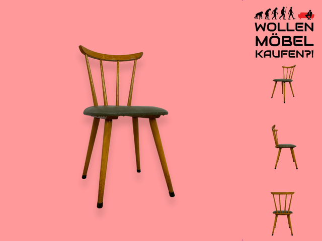 WMK I Sehr schöner und gut erhaltener Mid-Century Sprossenstuhl mit grünem Kunstlederbezug # Stühle Holzstühle Esszimmerstuhle Küchenstühle Lederstühle Leder Chair Vintage Retro # Versand möglich