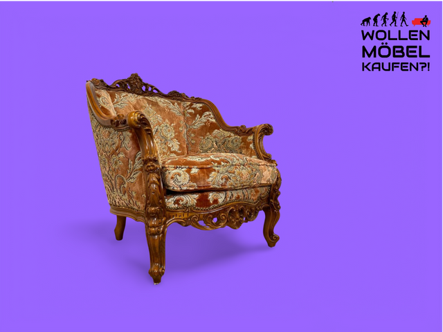 WMK Pompöser und sehr gut erhaltener Vintage Sessel im Stile des Barock mit edlem Brokat Bezug und reichverziertem Holzrahmen # Armchair Stuhl Sitzgarnitur Rokoko Chippendale Stilmöbel Altrosa