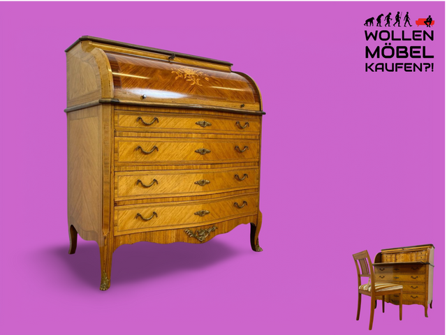 WMK # Vornehmer und gut erhaltener dänischer 60er Jahre Sekretär im Stil Louis XVI aus vollem Holz, mit feinen Intarsien # Sekretär Schreibschrank Schreibtisch Kommode Desk Barock Rokoko XV Vintage