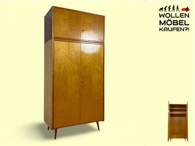 WMK # Raumaufhellender und geräumiger Mid-Century Kleiderschrank aus 1964 in Buche und Birke mit Aufsatz # Schrank Wäscheschrank Wardrobe Schlafzimmerschrank Aufsatzschrank DDR Vintage Retro 60er