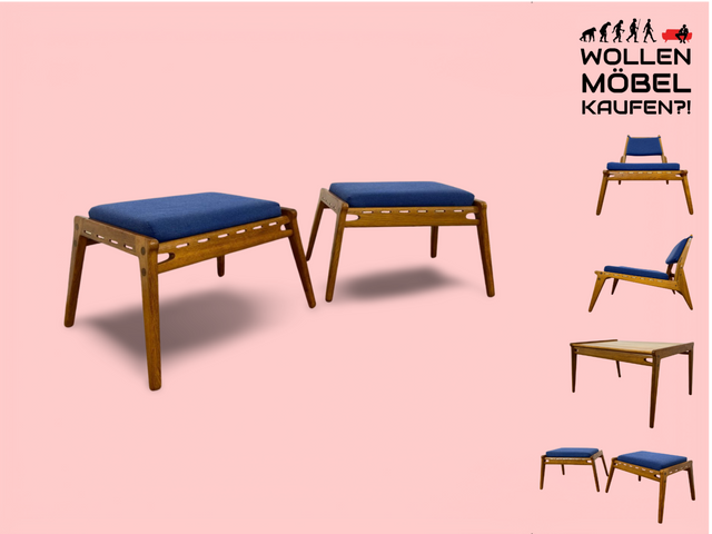WMK # 1/2 Sehr rarer Hocker aus dem berühmten "Hunting Chair Set" von PGH Erzgebirgisches Kunsthandwerk Annaberg Buchholz in sehr gutem Originalzustand # Sitzhocker Fußhocker Mid-Century DDR Vintage