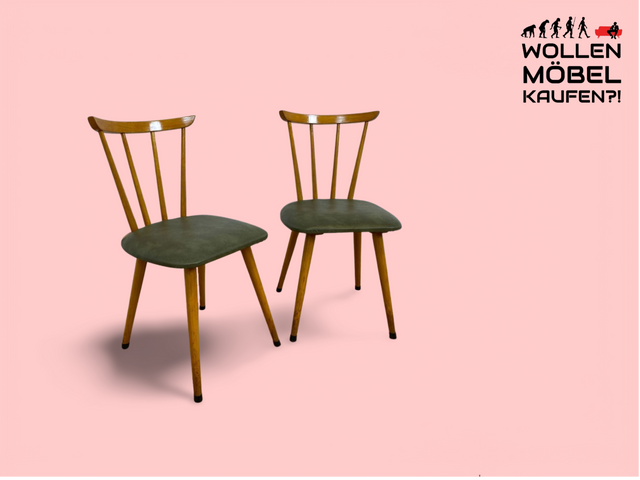 WMK 1/2 Sehr schöner und gut erhaltener Mid-Century Sprossenstuhl mit grünem Kunstlederbezug # Stühle Holzstühle Esszimmerstuhle Küchenstühle Lederstühle Leder Chair Vintage Retro # Versand möglich