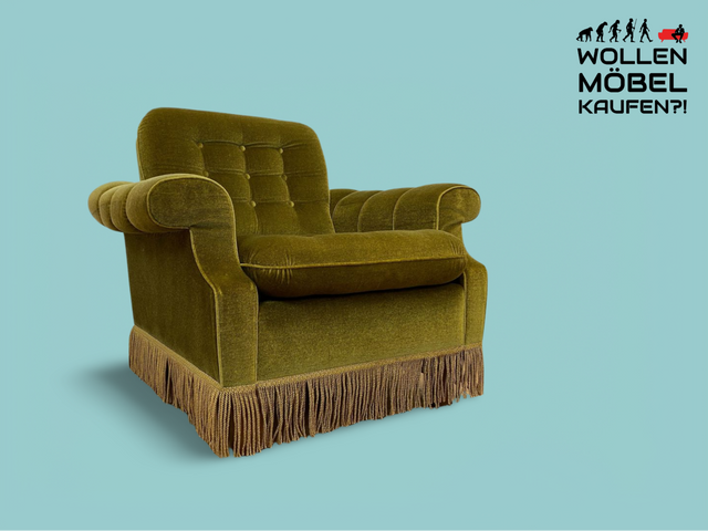 WMK I Sehr schöner und äußerst gemütlicher Vintage Sessel mit grandiosem gestepptem grünem Samtbezug & Fransen I Lesesessel Armchair Sitzgarnitur Polstergarnitur Samt Retro I Berlin Augsburg Duisburg