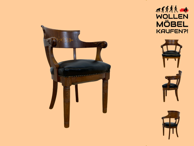 WMK I Vornehmer dänischer antiker Salonstuhl mit Armlehnen, Intarsien und schwarzem Kunst Leder, um 1900 I Stuhl Sessel Armchair Esszimmer Küchenstuhl Biedermeier Vintage Berlin München Stuttgart
