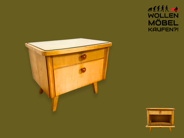 WMK I Formschöner heller Mid-Century Nachtisch mit Schublade, Klappe & Glasauflage I Nachtschrank Nachtkommode Nachtschränkchen Kommode Beistelltisch 50er 60er Retro Vintage Berlin Bremen Saarland