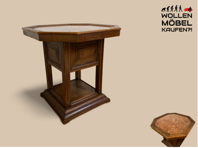 WMK I Hochwertiger achteckiger antiker Beistelltisch aus Eichenholz mit Marmor Platte und großem Fach I Marmortisch Salontisch Rauchertisch Zigarrentisch Spieltisch Säule Art Deco Jugendstil Vintage