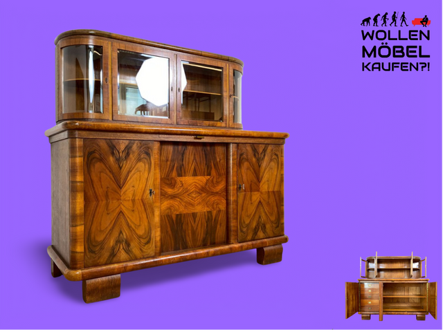 WMK # Imposante antike Anrichte aus vollem Holz in Nussbaum mit Aufsatz Vitrine und Schubladen # Büfett Buffet Küchenanrichte Geschirrschrank Küchenschrank Küchenbuffet Art Deco Vintage Berlin München