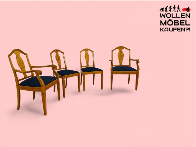 WMK Set aus 4 eleganten und sehr gut erhaltenen antiken Esszimmerstühlen mit edlem Holzrahmen und hochwertigem neuen Bezug # Stühle Stuhl Küchenstühle Salonstühle Chair Biedermeier Vintage # Setpreis