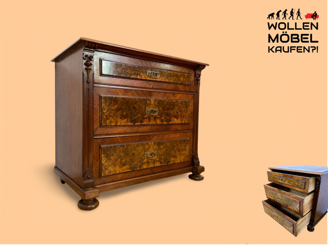 WMK # Edle antike Kommode aus vollem Holz in Nussbaum Wurzelholz mit Schubladen & Messinggriffen # Schrank Schubladenkommode Wäschekommode Highboard Wickelkommode Gründerzeit Vintage Berlin Potsdam