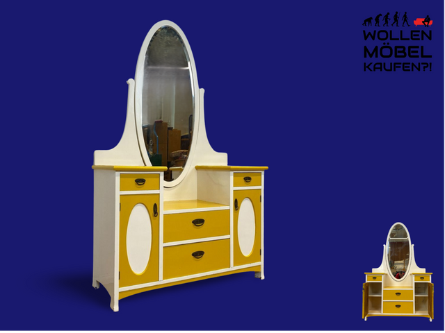 WMK I Sonnengelbe antike Spiegelkommode aus vollem Holz mit neigbarem Spiegel und Schubladen I Frisierkommode Wäschekommode Anrichte Garderobe Flurkommode Jugendstil Vintage Dresden Potsdam Dortmund