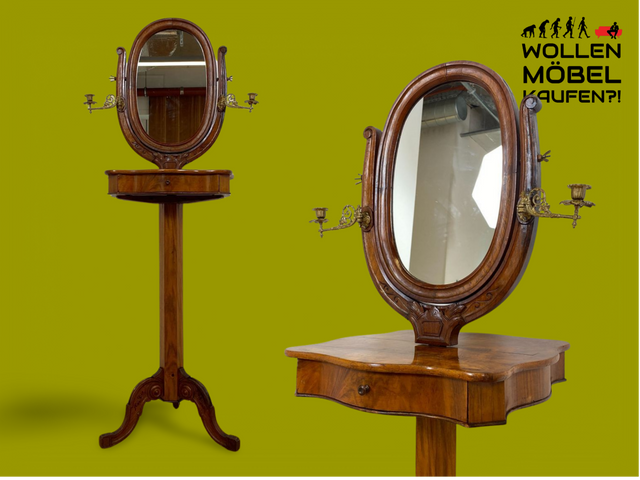 WMK # Edler antiker Beistelltisch in Wurzelholz mit beweglichem Spiegel und edlen Messing Kerzenhaltern, um 1880 # Spiegeltisch Frisiertisch Schminktisch Rasiertisch Louis Philippe Biedermeier Vintage