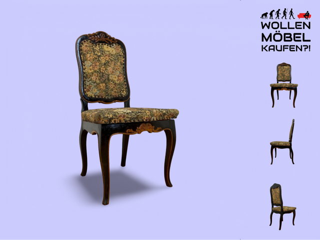 WMK I Wunderschöner, bequemer und gut erhaltener antiker Esszimmerstuhl mit floralem Bezug und schwarzem handverziertem Holzrahmen I Stuhl Holzstuhl Küchenstuhl Chair Jugendstil Vintage Berlin Dresden