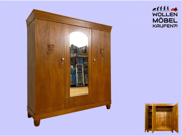 WMK # Wunderschöner und sehr gut erhaltener antiker Kleiderschrank aus vollem Holz mit Spiegeltür und Originalgriffen # Schrank Schlafzimmerschrank Wäscheschrank Wardrobe Spiegel Jugendstil Vintage
