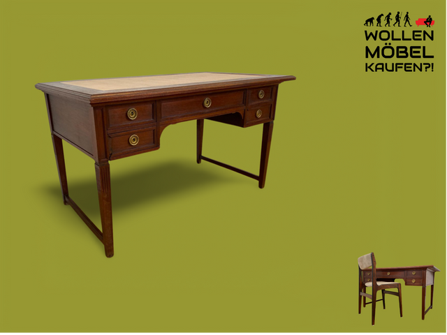 WMK # Sehr schöner freistehender antiker Mahagoni Schreibtisch in englischem Stil mit Lederauflage, Schubladen und Messinggriffen # Arbeitstisch Desk Lady Sekretär Bureau Plat Emipire Regency Vintage