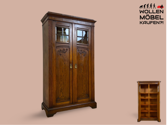 WMK # Wunderschöner kleiner nordischer Jugendstil Schrank aus vollem Eichenholz, um 1910 # Wäscheschrank Vertiko Bücherschrank Vitrine Flurschrank Dielenschrank Bauernschrank Highboard Antik Vintage