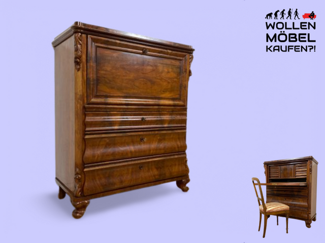 WMK I Wunderschöner antiker Sekretär , Vollholz in Nussbaum , mit Schubladen und stabiler Schreibklappe, um 1860 I Schrank Schreibschrank Highboard Kommode Desk Biedermeier Vintage Berlin Dresden Bonn