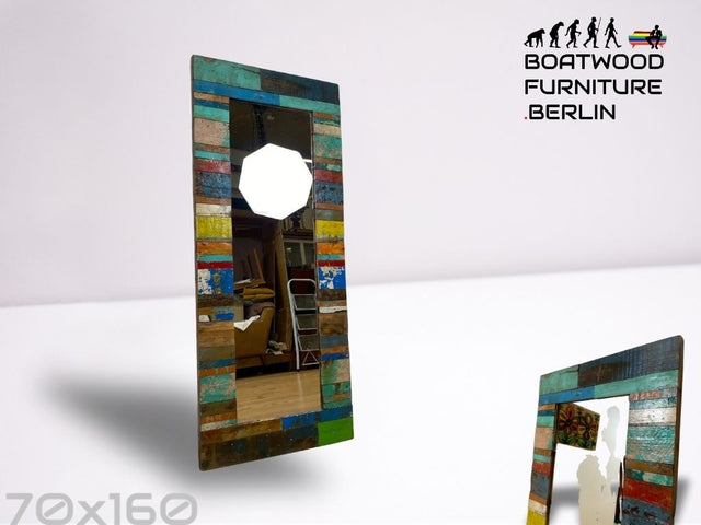 Boatwood by WMK I 70x160cm großer Spiegel I handgefertigtes Unikat aus altem Bootsholz in Originalfarben I bunter Wandspiegel Standspiegel Ganzkörperspiegel Flurspiegel Garderobe Berlin Hanau München