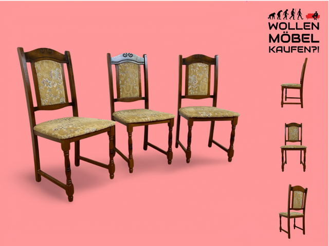 WMK # 1/3 Hübscher, bequemer und gut erhaltener brauner Vintage Stuhl im antikem Stil mit beigem floralem Brokat Bezug # Stuhl Holzstuhl Esszimmerstuhl Küchenstuhl Dining Chair Retro # Versand möglich