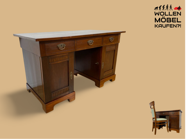 WMK # Eleganter und gut erhaltener freistehender antiker Schreibtisch, Mahagoni auf Vollholz, im englischem Stil mit Messingbeschlägen # Arbeitstisch Bürotisch Desk Sekretär Regency Jugendstil Vintage