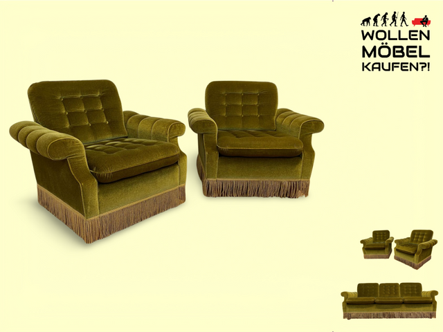WMK I Sehr schöner und äußerst gemütlicher Vintage Sessel mit grandiosem gestepptem grünem Samtbezug & Fransen I Lesesessel Armchair Sitzgarnitur Polstergarnitur Samt Retro I Berlin Augsburg Duisburg
