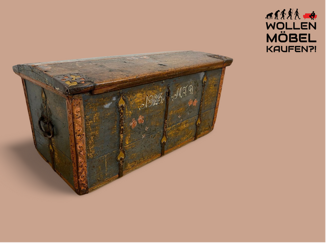 WMK I Wunderschöne große historische Truhe aus 1823 in blauer Originalfarbe mit floraler Bemalung und Eisenbeschlägen I antike Holztruhe Schatztruhe Piratenkiste Holzkiste Kiste Hochzeitstruhe Barock