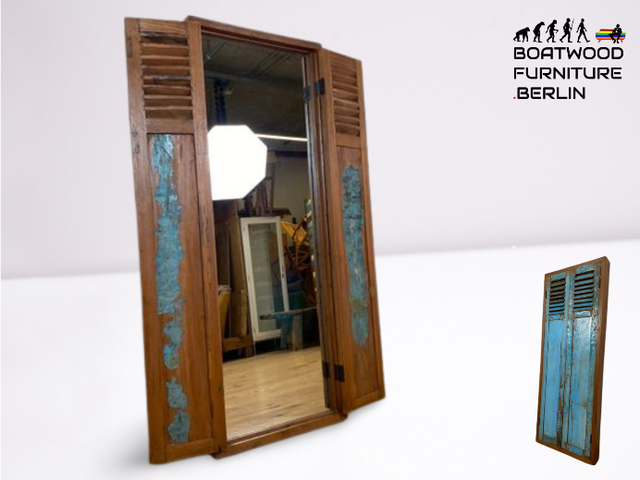 Boatwood by WMK I Einzigartiger großer Wandspiegel aus altem Bootsholz mit Fensterläden in Blau I handgefertigtes Unikat I Teakholz massiv I Ganzkörper Spiegel Stand Mirror Flur Tür Lamellen Garderobe