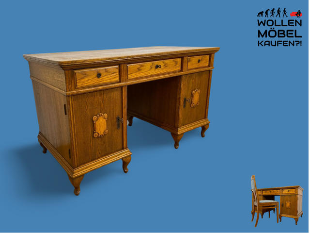 WMK # Besonders schöner und sehr gut erhaltener großer antiker Schreibtisch aus massiver Eiche mit handverzierten Holzapplikationen # Arbeitstisch Bürotisch Sekretär Solid Wood Desk Barock Vintage