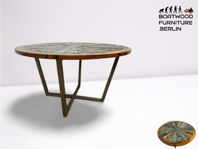 Boatwood by WMK I Einzigartiger großer runder Esstisch I Handgefertigtes Unikat aus altem Bootsholz auf neuem Metallgestell # Tisch Küchentisch Holztisch Dinning Table Bootsholz Treibholz Berlin Köln