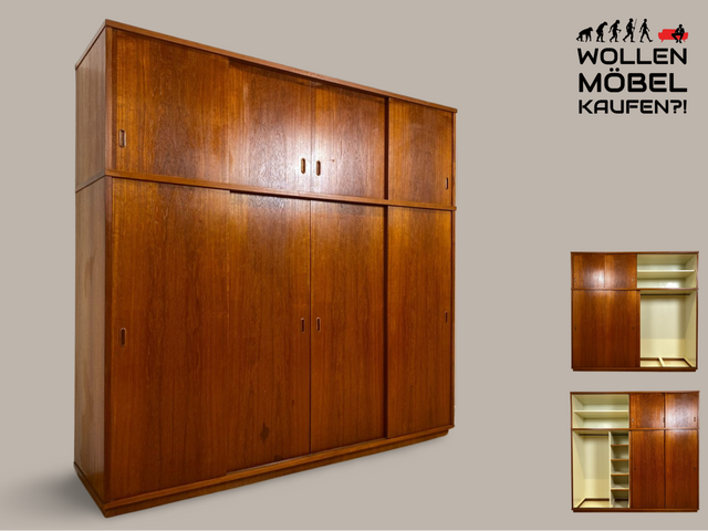 WMK I Stilvoller großer skandinavischer Mid-Century Kleiderschrank in Teakholz mit Aufsatz & Schiebetüren I Schrank Schlafzimmerschrank Wäscheschrank Wardrobe Danish Design Vintage Teak Berlin Potsdam