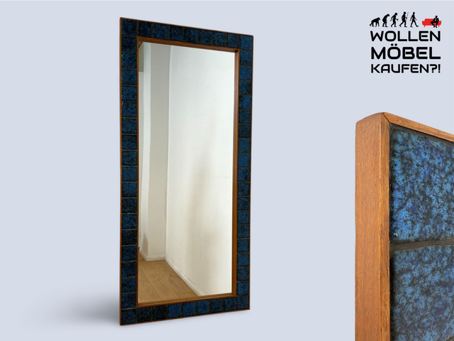 WMK I Stilvoller großer skandinavischer Wandspiegel mit kunstvollen Fliesen Mosaik in Teakholz Rahmen, Dänemark, 70er Jahre I Spiegel Mirror Garderobe Flur Bad Retro Space Age Danish Design Teak