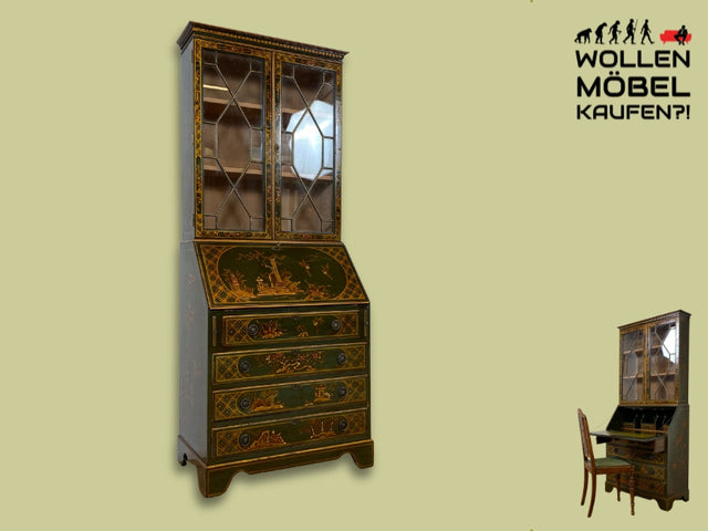 WMK I Grandioser grüner 1950er Jahre Chinoiserie Schreibschrank im englischen Stil, handbemalt mit floralen und asiatischen Motiven I Sekretär Bureau Bücherschrank Aufsatz Regency Stilmöbel Vintage