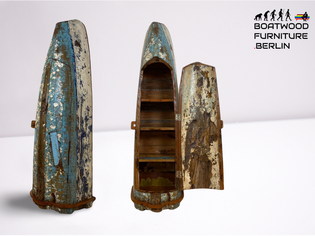 Boatwood by WMK I Einzigartiger handgefertigter Schrank gebaut aus echtem Fischerboot I Highboard Bücherschrank Bücherregal Holzregal Wäscheschrank Kommode Boot Einbaum Rarität Kunstwerk Bootsmöbel