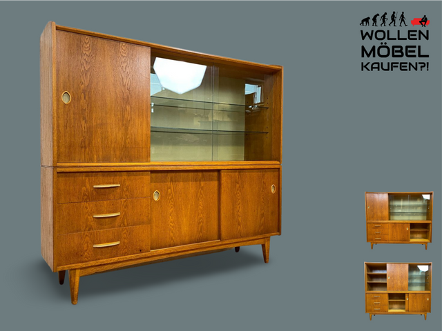 WMK I Stilvoller heller 50er Jahre Wohnzimmerschrank aus vollem Holz mit Vitrine & Schiebetüren I Highboard Schrank Sideboard Glasvitrine Geschirrschrank Cabinet Vintage 60er DDR Berlin Leipzig Bremen