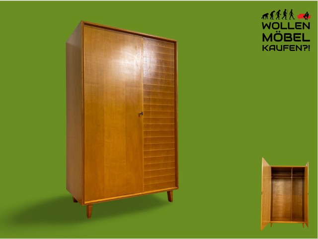 WMK Hochwertiger, stilvoller & sehr gut erhaltener heller 60er Jahre Mid-Century Kleiderschrank aus vollem Holz # Schrank Schlafzimmerschrank Flurschrank Garderobe Wäscheschrank Wardrobe Vintage 50er