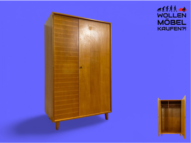 WMK Hochwertiger, stilvoller & sehr gut erhaltener heller 60er Jahre Mid-Century Kleiderschrank aus vollem Holz # Schrank Schlafzimmerschrank Flurschrank Garderobe Wäscheschrank Wardrobe Vintage 50er