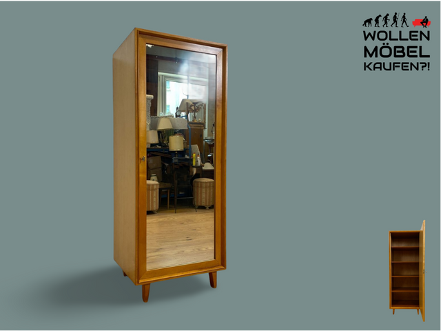 WMK Stilvoller & gut erhaltener heller 60er Jahre Mid-Century Wäscheschrank aus vollem Holz mit Spiegeltür # Schrank Schlafzimmerschrank Flurschrank Spiegelschrank Kleiderschrank Wardrobe Vintage 50er