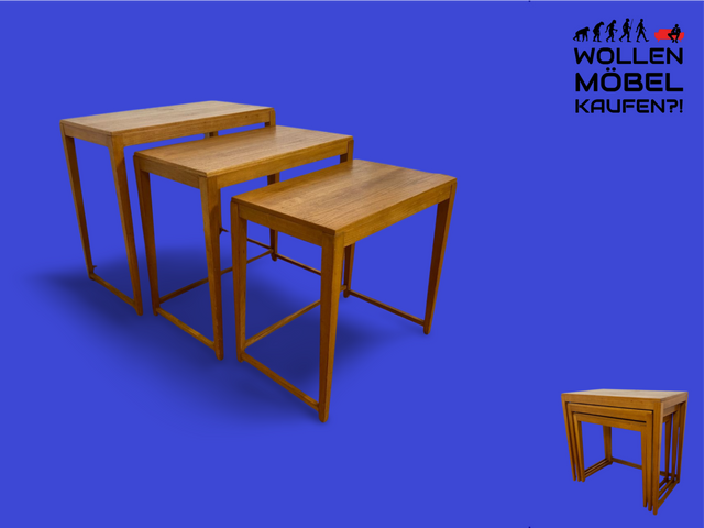 WMK I Stilvoller heller skandinavischer Mid-Century 3-in-1 Satztisch I Couchtisch Wohnzimmertisch Beistelltisch Side Coffee Nesting Table Blumen Tisch Bank Danish Design Vintage Berlin Leipzig Hamburg