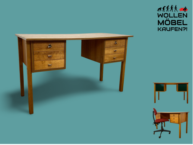 WMK # Minimalistischer heller skandinavischer Vintage Schreibtisch in Teakholz , freistellend, mit 6 Schubladen und Chrom Griffen I Desk Arbeitstisch Bürotisch Danish Design Teak Berlin Bayern Dessau